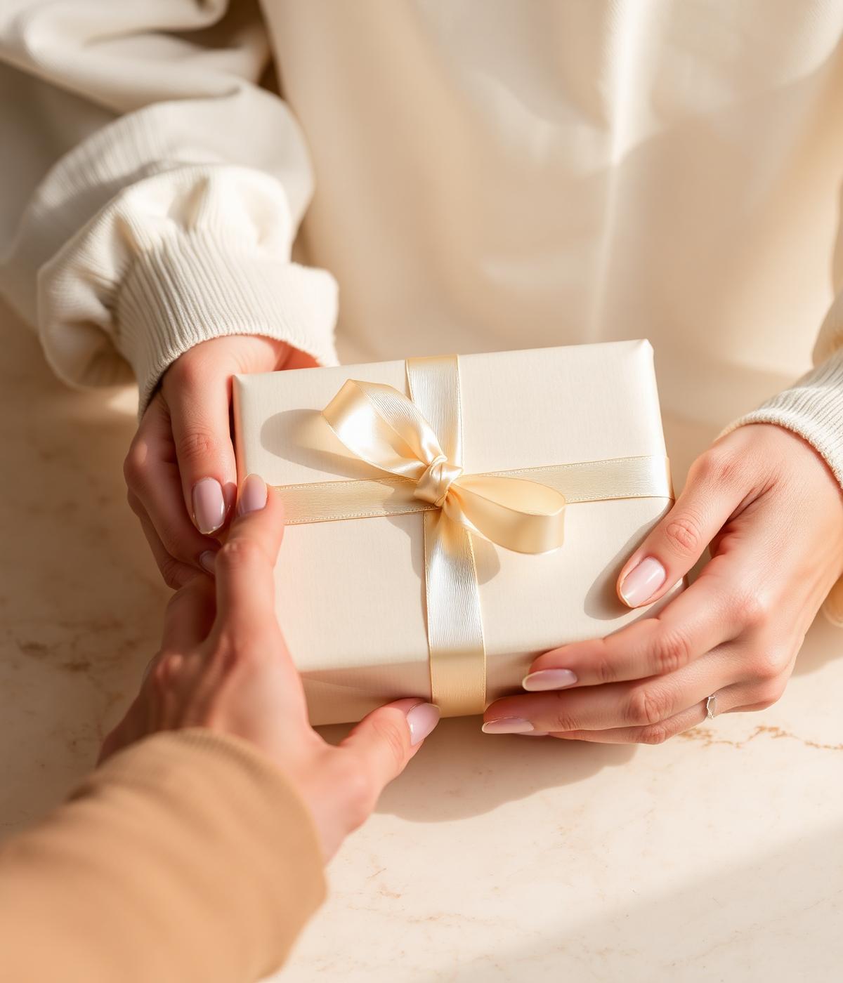 Hands presenting a cream wrapped luxury gift