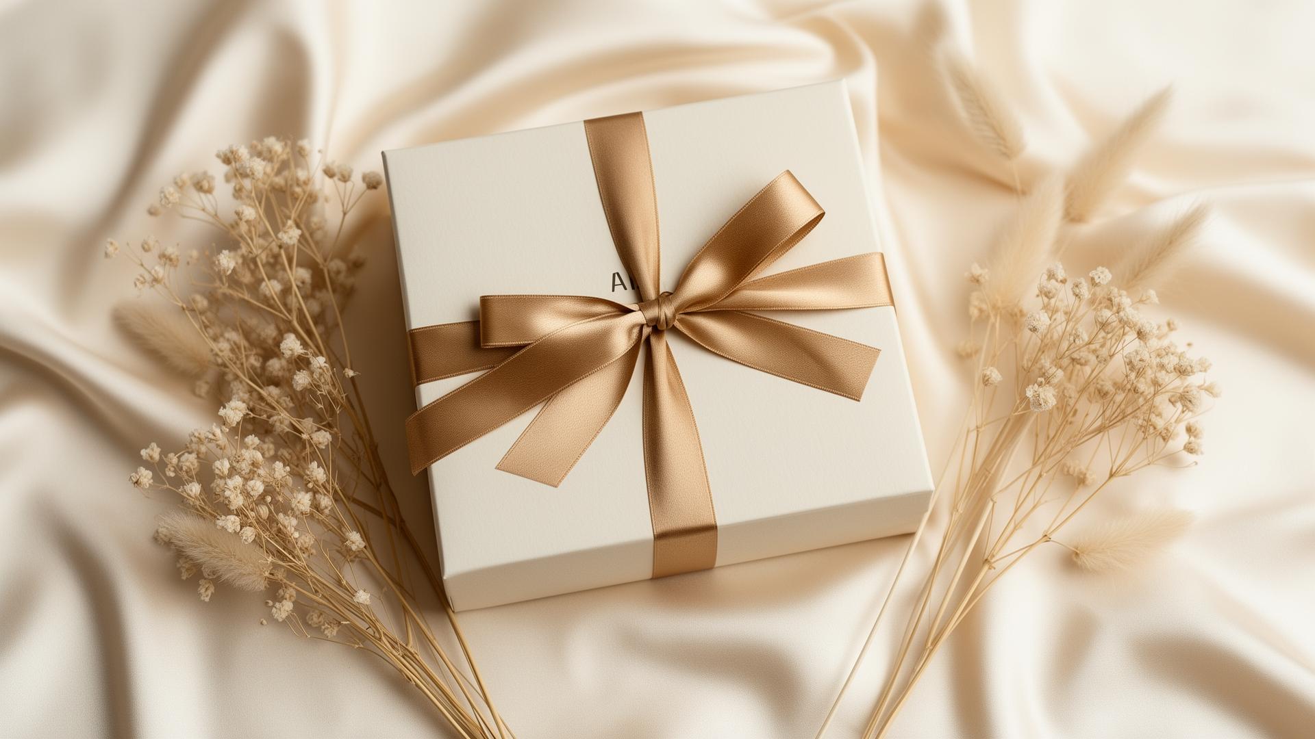 Luxury ivory gift box with champagne ribbon and dried florals